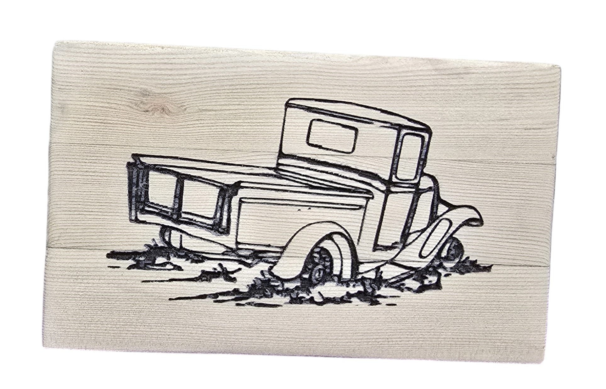 TK Wood Designs rustic reclaimed wood sign with a black line drawing of an old pickup truck stuck in mud.