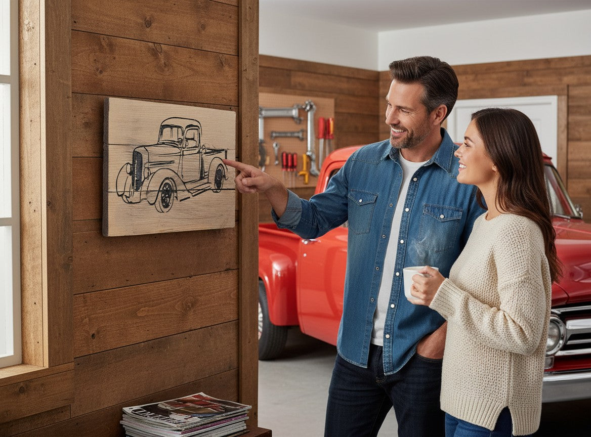 TK Wood Designs handmade reclaimed wood art featuring a black line drawing of an old pickup truck.