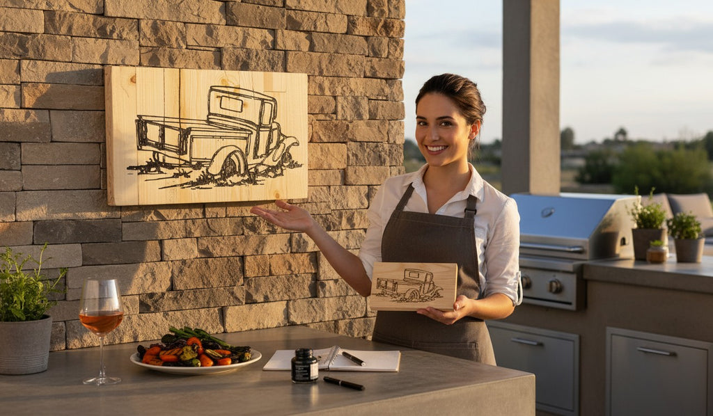 TK Wood Designs rustic wood sign with a black line drawing of an old pickup truck.