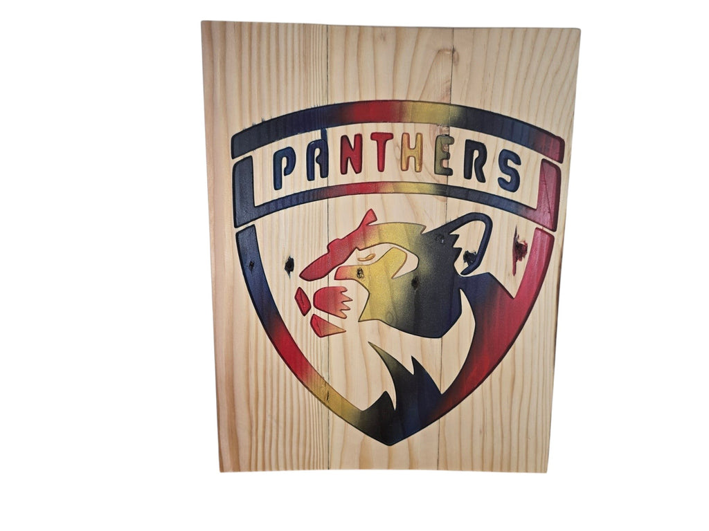 TK Wood Designs handcrafted wooden wall art plaque featuring a vibrant, multi-colored Panthers sports team logo.