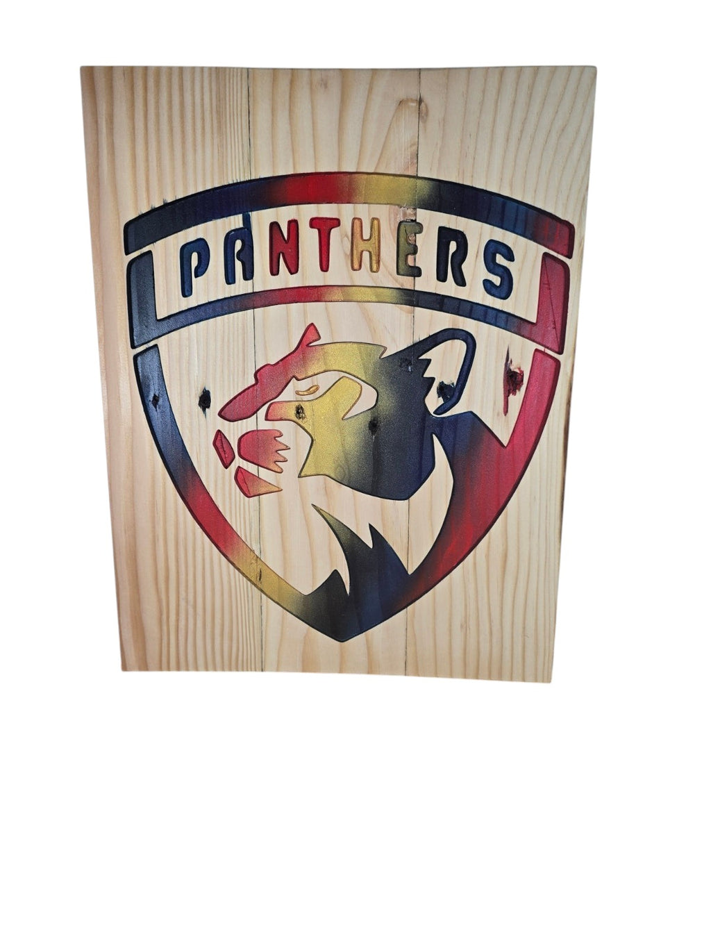 TK Wood Designs handcrafted wooden Panthers sports team wall art plaque with a vibrant multi-colored logo on natural wood