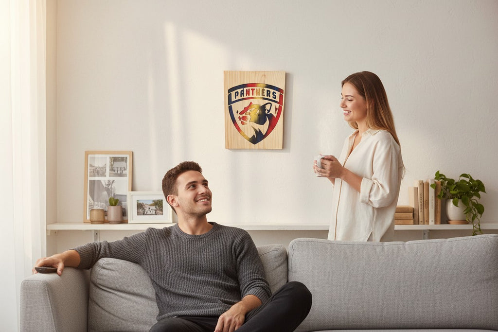 TK Wood Designs handcrafted wooden Panthers sports team wall art plaque displayed in a cozy living room
