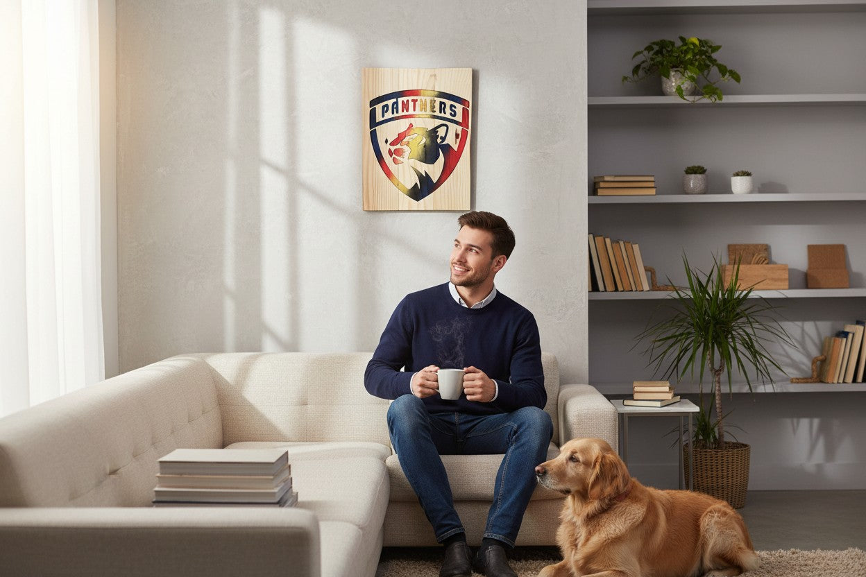 TK Wood Designs handcrafted wooden Panthers sports team wall art plaque mounted in a cozy living room with a man.