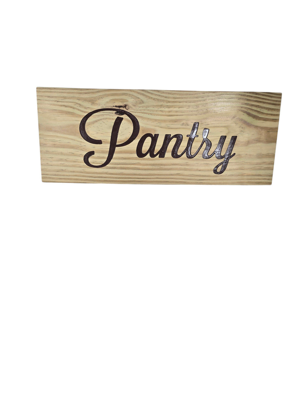 TK Wood Designs rustic wooden pantry sign with dark script lettering. Natural wood grain.