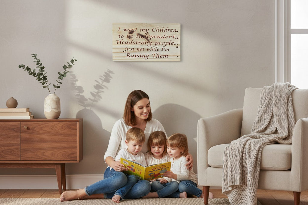 TK Wood Designs natural wood sign with carved quote: "I want my Children, to be Independent, Headstrong people... just not while I'm Raising Them."