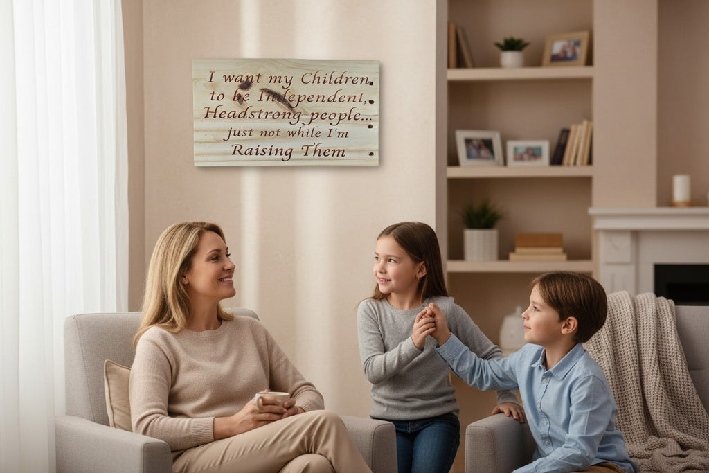 TK Wood Designs natural wood sign with carved quote: "I want my Children, to be Independent, Headstrong people... just not while I'm Raising Them."