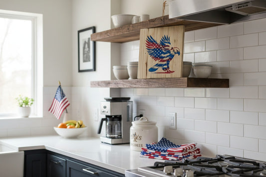 TK Wood Designs patriotic wooden sign featuring a carved eagle with American flag wings in red, white, and blue.