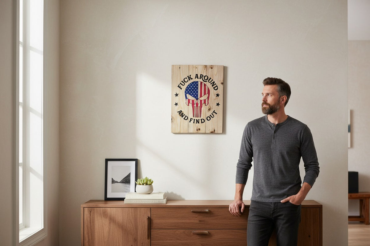 TK Wood Designs handcrafted wooden wall sign with a patriotic skull graphic hanging above a wooden sideboard.