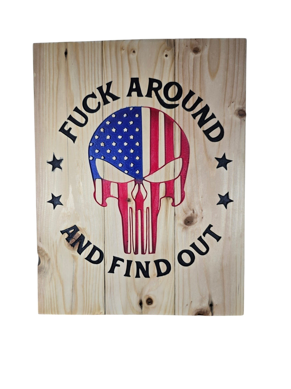 TK Wood Designs handcrafted wooden wall sign featuring a patriotic skull graphic and bold typography on natural planks.