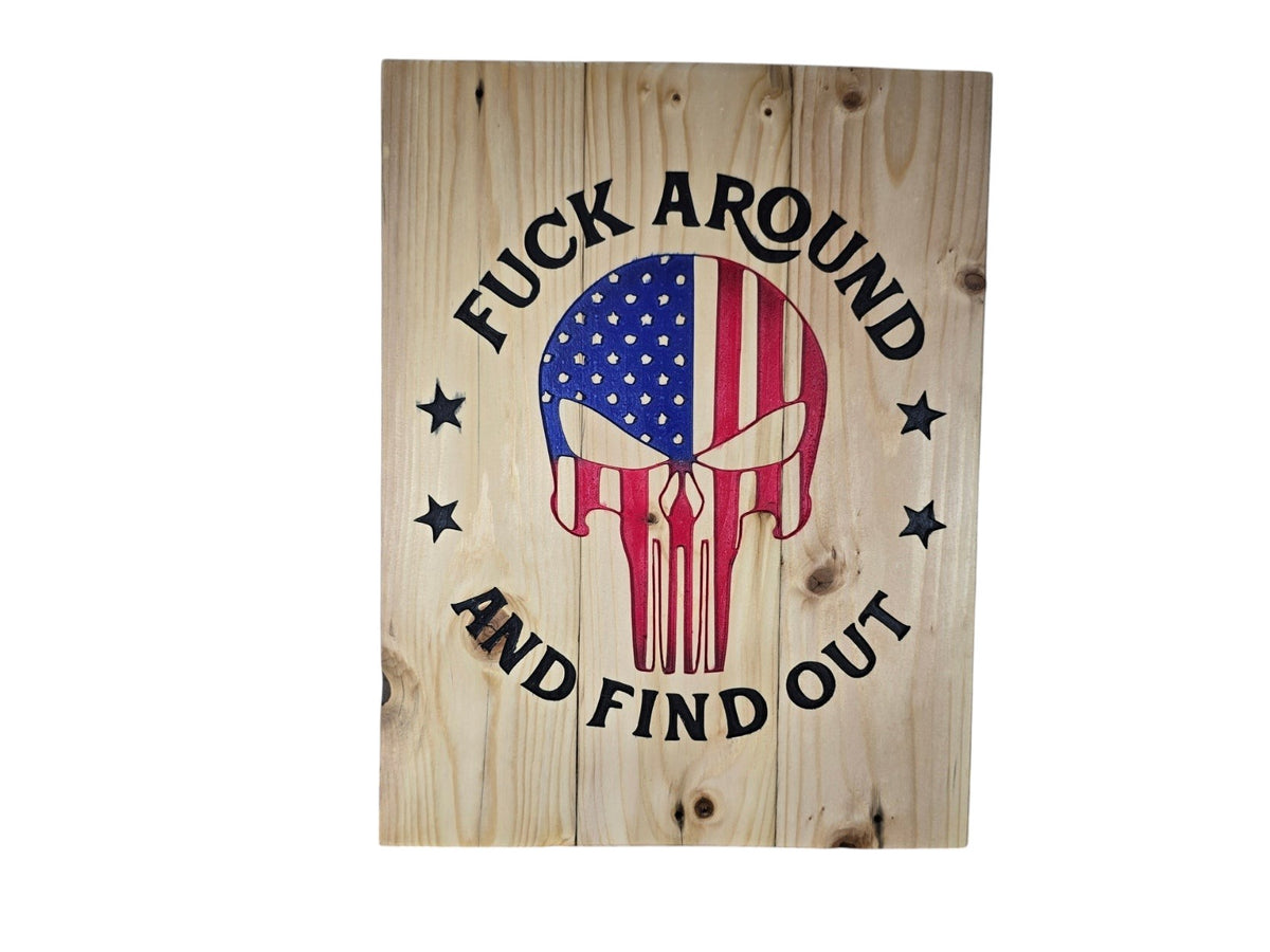 TK Wood Designs handcrafted wooden wall sign featuring a patriotic American flag skull graphic and bold typography.