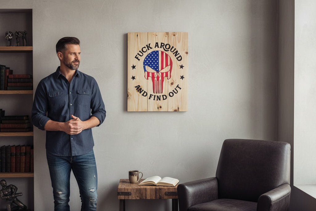 TK Wood Designs handcrafted wooden wall sign featuring a patriotic American flag skull graphic in a rustic home office.
