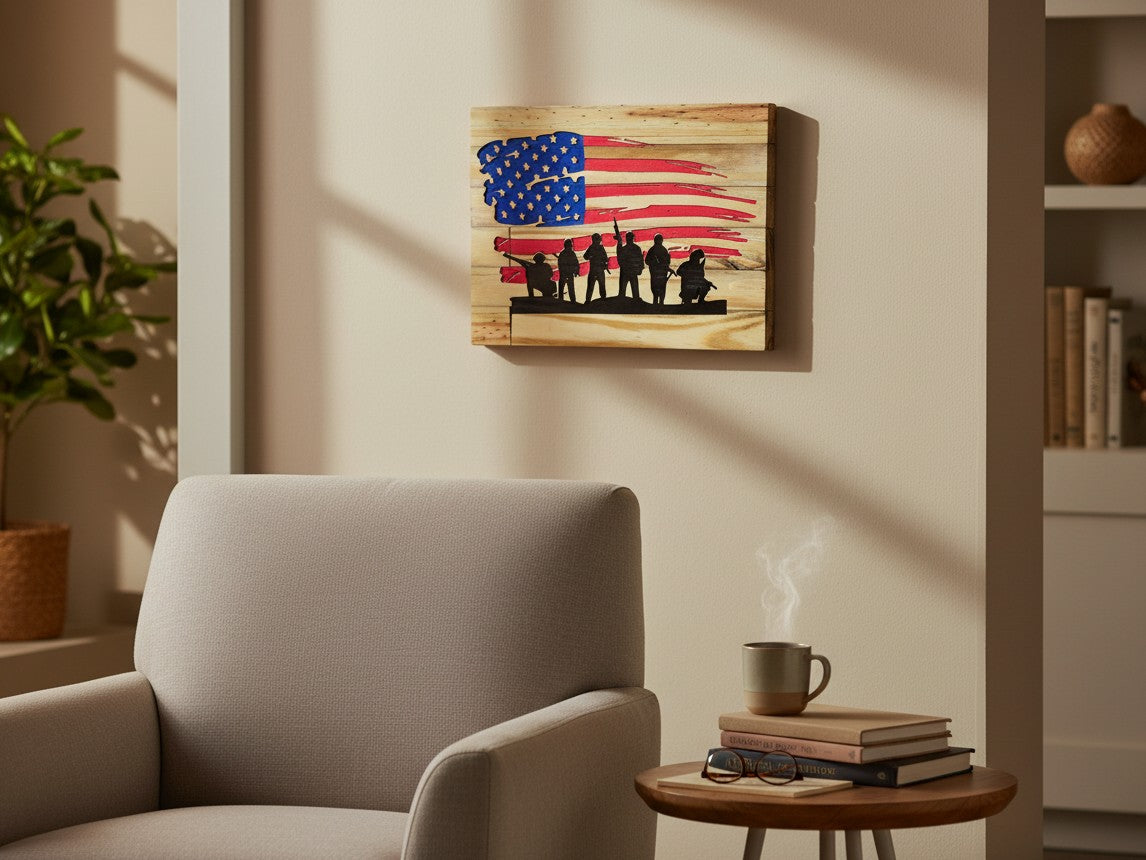 TK Wood Designs patriotic wooden wall art featuring a distressed American flag and soldier silhouette in a living room.