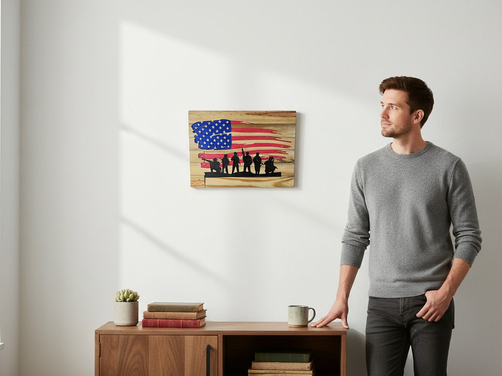 TK Wood Designs patriotic wooden wall art featuring a soldier silhouette and distressed American flag on a white wall.