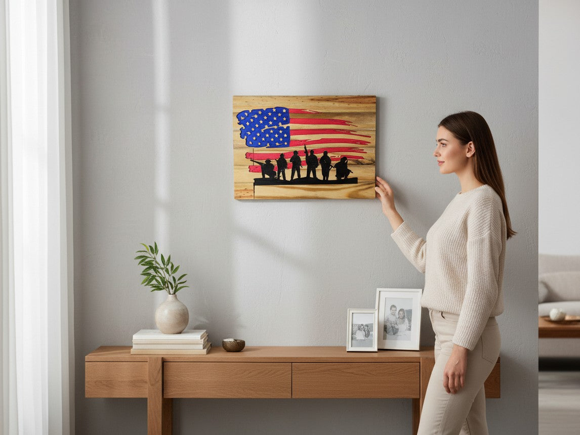 A woman hanging TK Wood Designs patriotic wooden wall art featuring a soldier silhouette and distressed American flag.