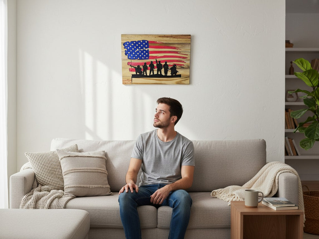 TK Wood Designs patriotic soldier wooden wall art with American flag motif hanging above a sofa in a living room