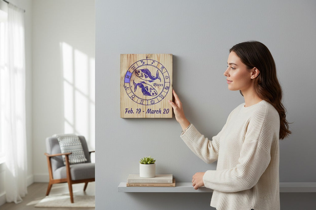 TK Wood Designs Pisces zodiac wall art featuring purple engraved fish on natural wood, mounted on a grey wall.
