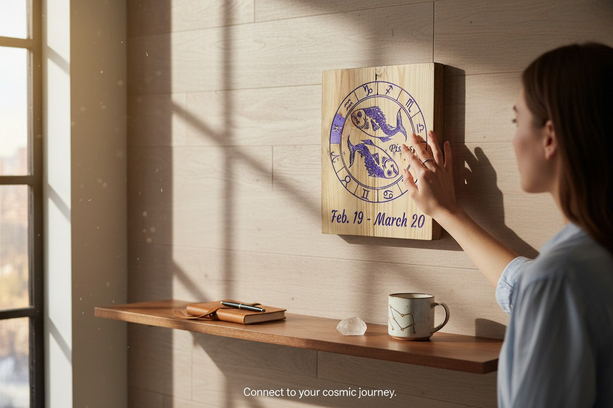 TK Wood Designs Pisces zodiac sign engraved on natural wood with purple fish motif wall art in a sunlit room