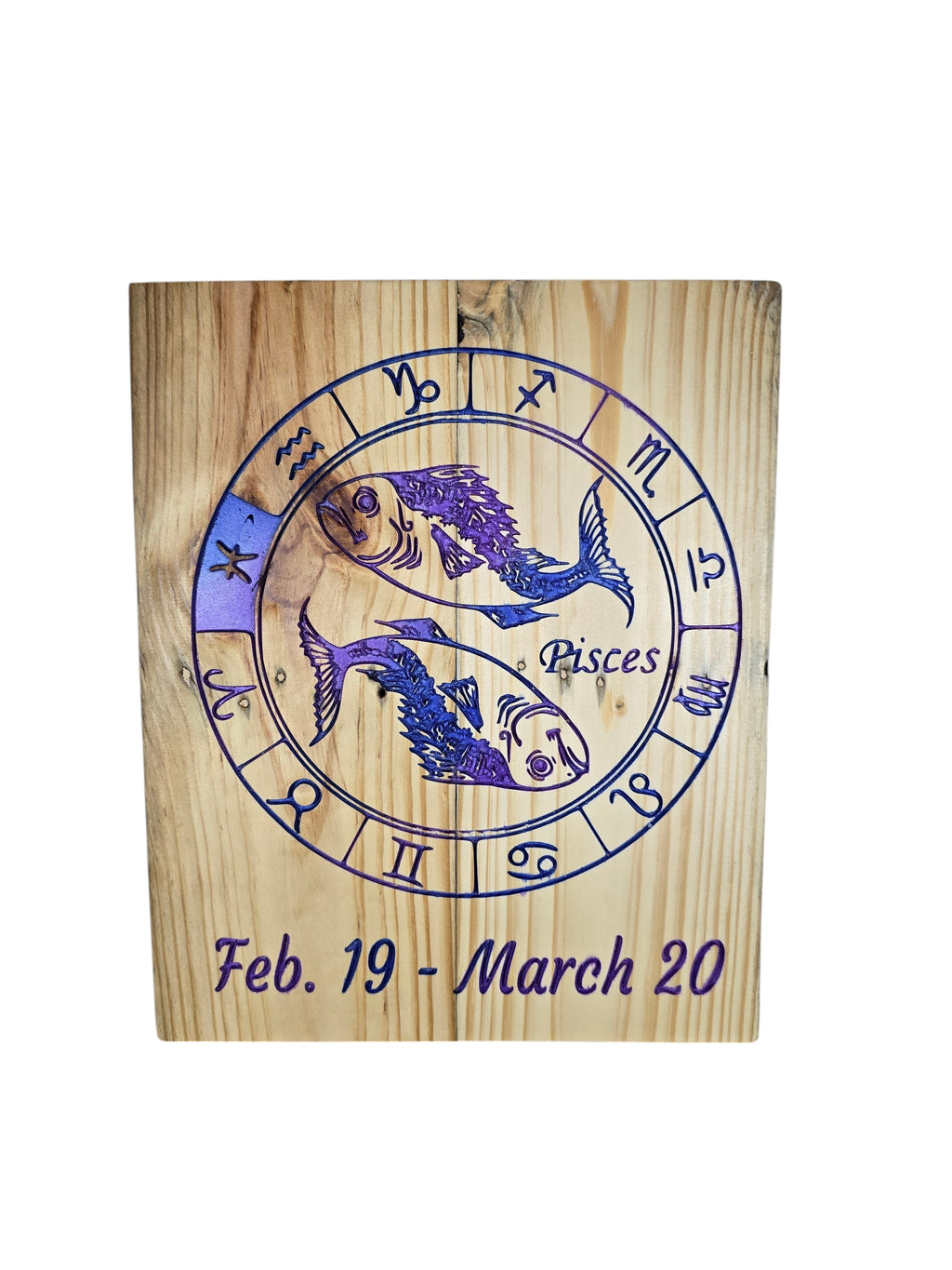 TK Wood Designs Pisces zodiac wall art featuring engraved dual fish and purple accents on natural rustic wood plaque.