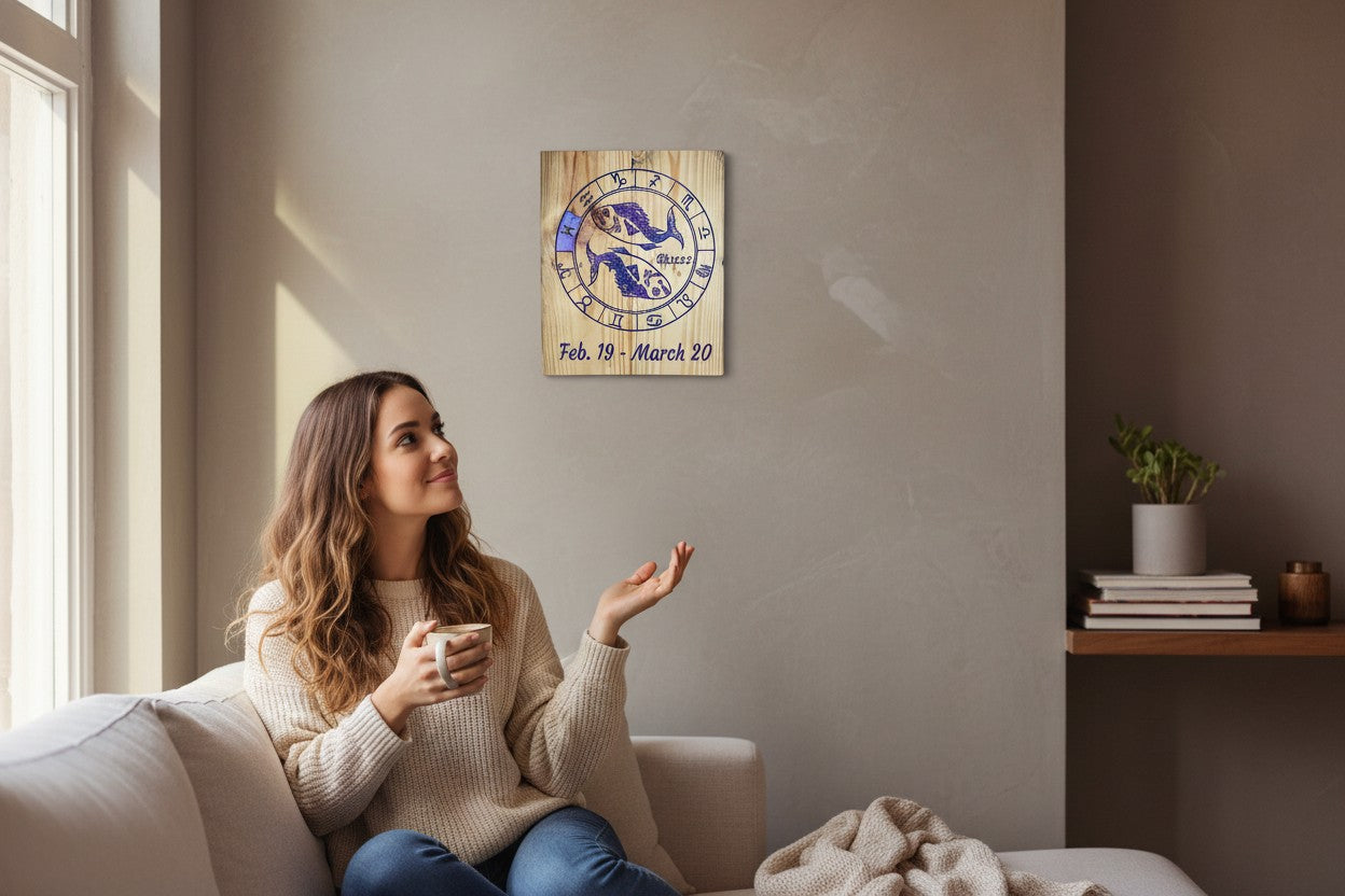 TK Wood Designs Pisces zodiac sign engraved wooden wall art with purple fish motif hanging in a cozy living room.