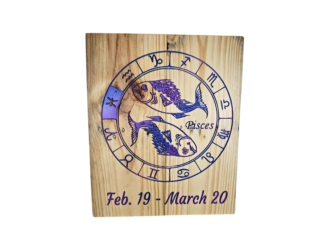 TK Wood Designs Pisces zodiac wall art featuring engraved dual fish and purple accents on natural rustic wood grain.