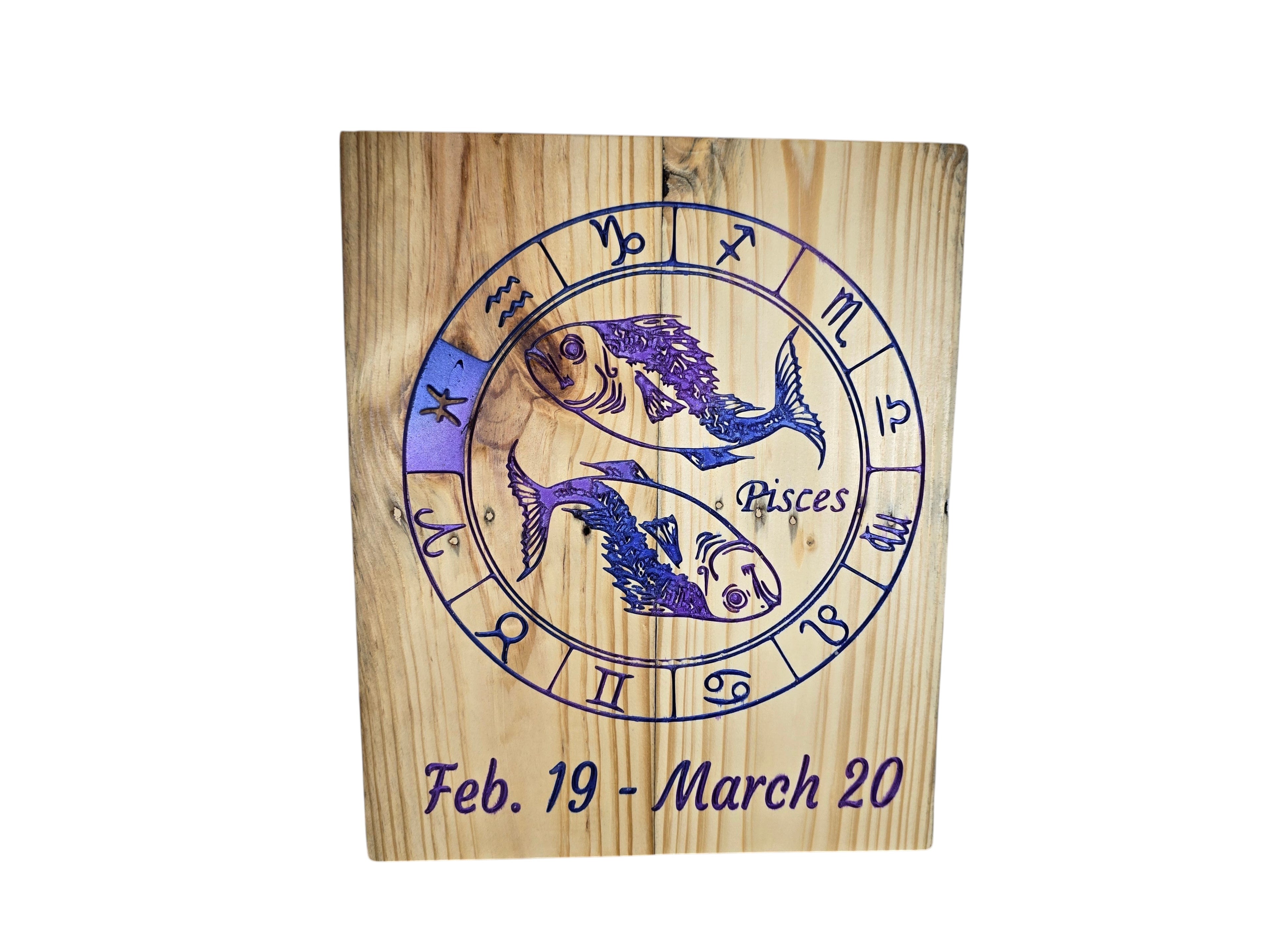 TK Wood Designs Pisces zodiac wall art featuring engraved dual fish and purple accents on natural rustic wood grain.