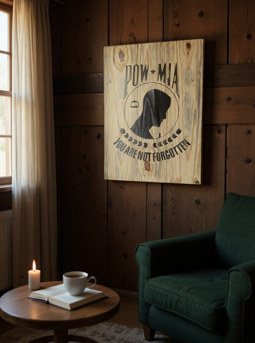 TK Wood Designs POW-MIA wooden wall sign with black silhouette and text on natural rustic wood grain background.