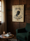 TK Wood Designs POW-MIA wooden wall sign with black silhouette and text on natural rustic wood grain background.