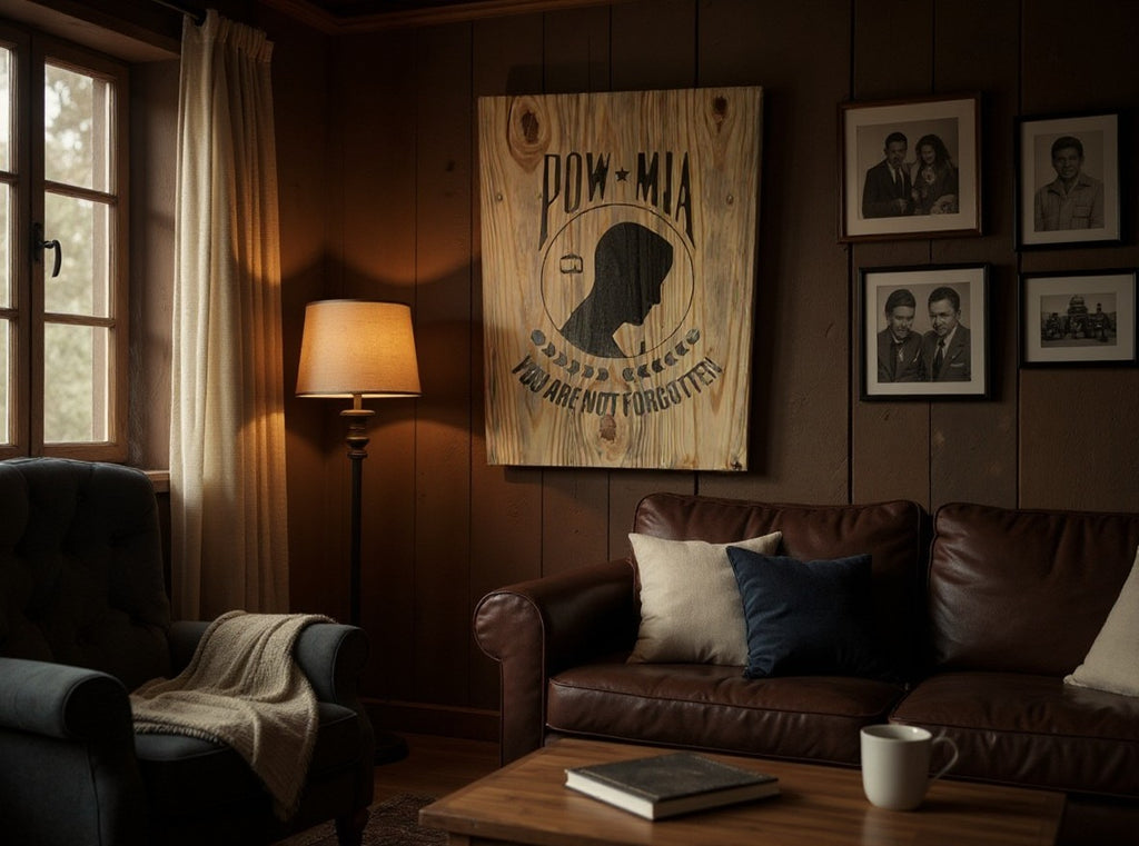 TK Wood Designs POW-MIA wooden wall sign with black silhouette and text displayed in a rustic living room setting.