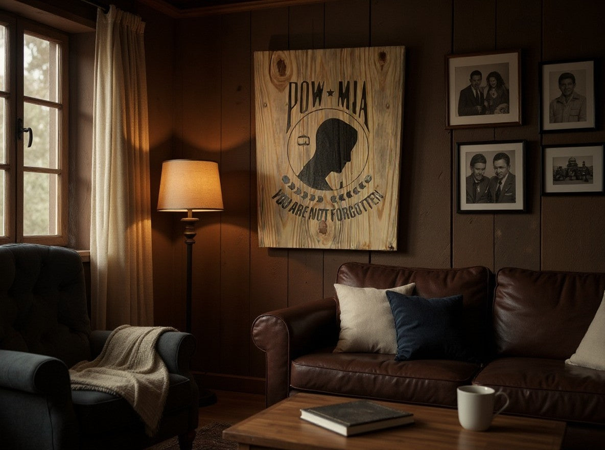 TK Wood Designs POW-MIA wooden wall sign with black silhouette and text displayed in a rustic living room setting.