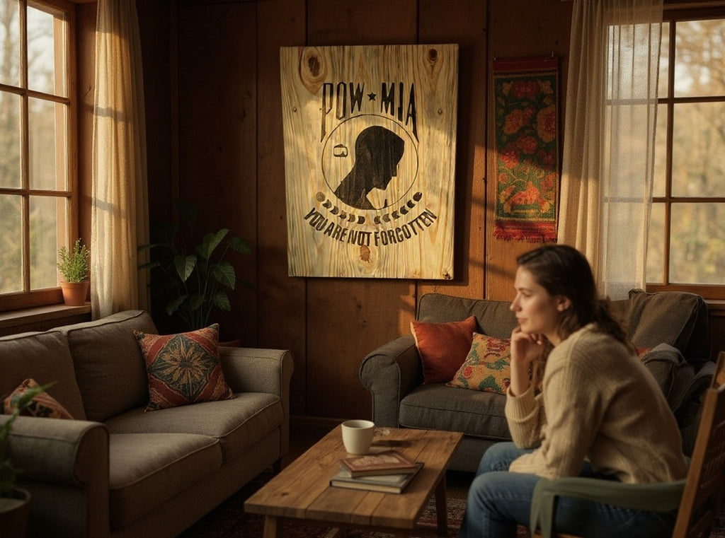 TK Wood Designs POW-MIA wooden wall sign with black silhouette and text displayed in a cozy rustic living room.