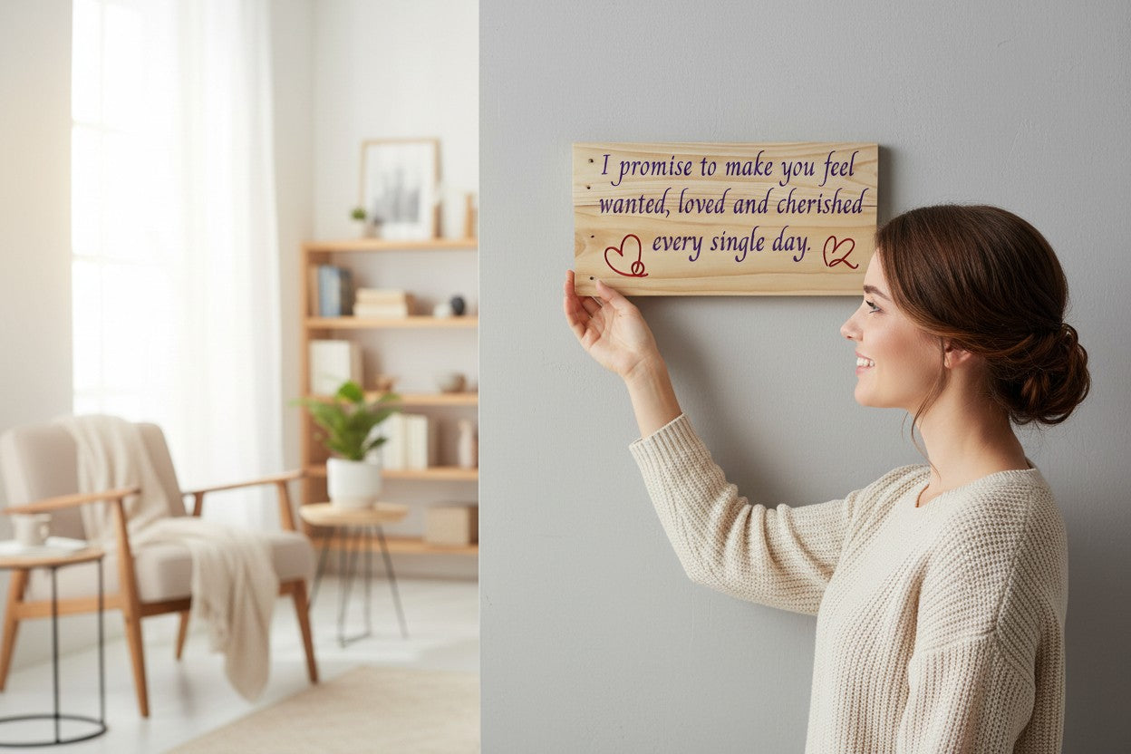 TK Wood Designs wooden sign with purple text reading "I promise to make you feel wanted, loved and cherished every single day." with red hearts.