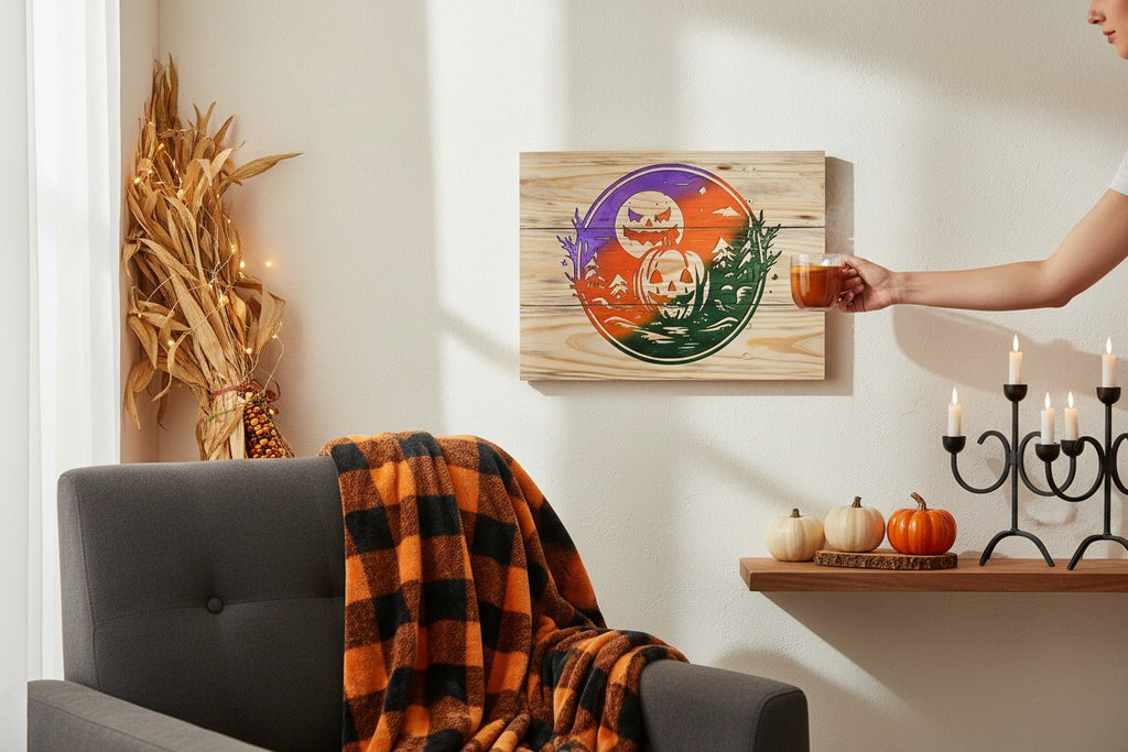 TK Wood Designs rustic plank wall art featuring a laser-cut pumpkin and moon motif in vibrant purple, orange, and green.