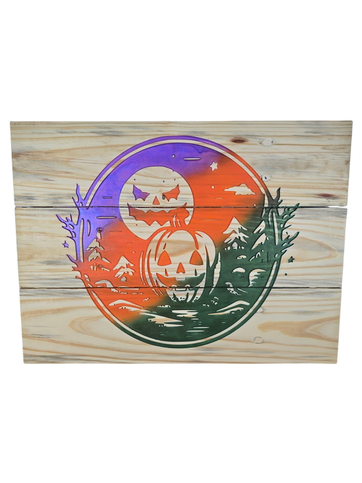 TK Wood Designs rustic plank wall sign featuring a laser-cut pumpkin and moon motif in purple, orange, and green.