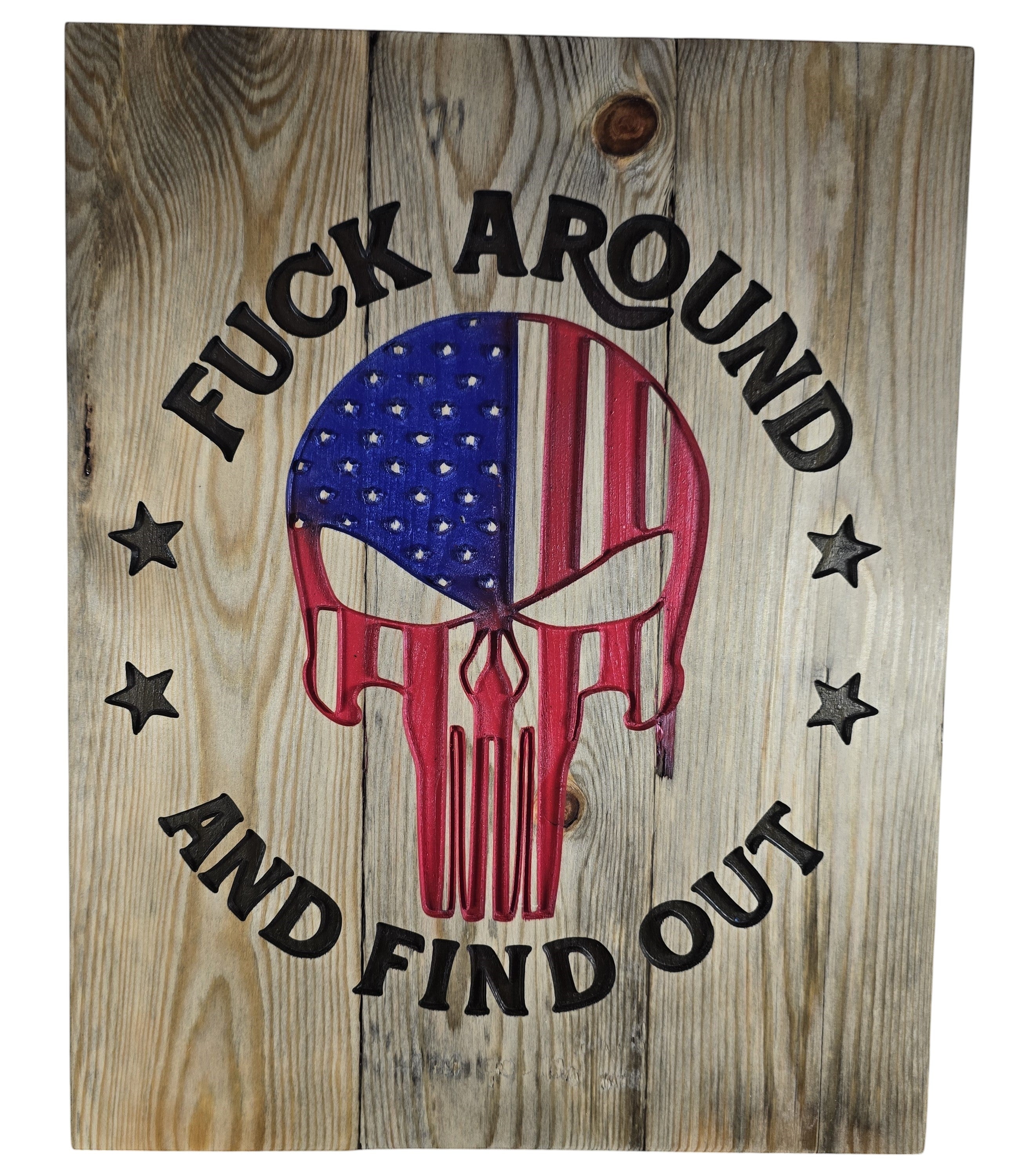 TK Wood Designs wooden sign with American flag Punisher skull and "FUCK AROUND AND FIND OUT" text.