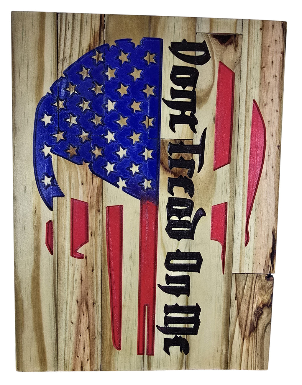 TK Wood Designs wooden sign featuring a distressed American flag with a Punisher skull and "Don't Tread On Me" text.