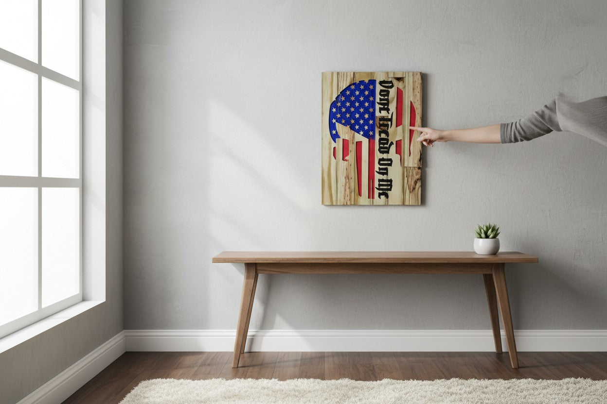 TK Wood Designs wooden sign featuring a Punisher skull American flag design with "Don't Tread On Me" text. 13" H x 10" W.