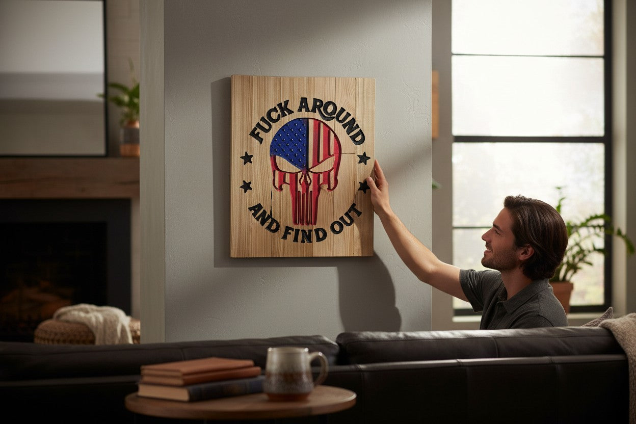 TK Wood Designs wooden sign with Punisher skull American flag design and text "FUCK AROUND AND FIND OUT"