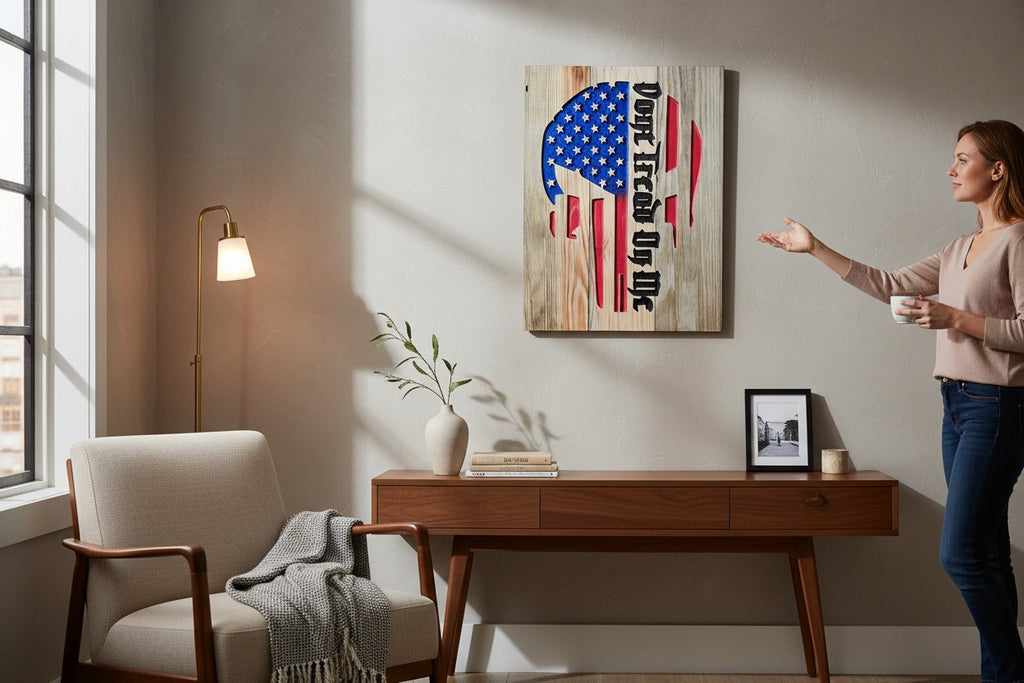 TK Wood Designs wooden sign featuring a distressed American flag with a Punisher skull outline and the text "Don't Tread On Me".