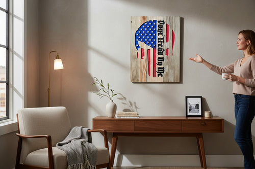 TK Wood Designs wooden sign featuring a distressed American flag with a Punisher skull outline and the text "Don't Tread On Me".