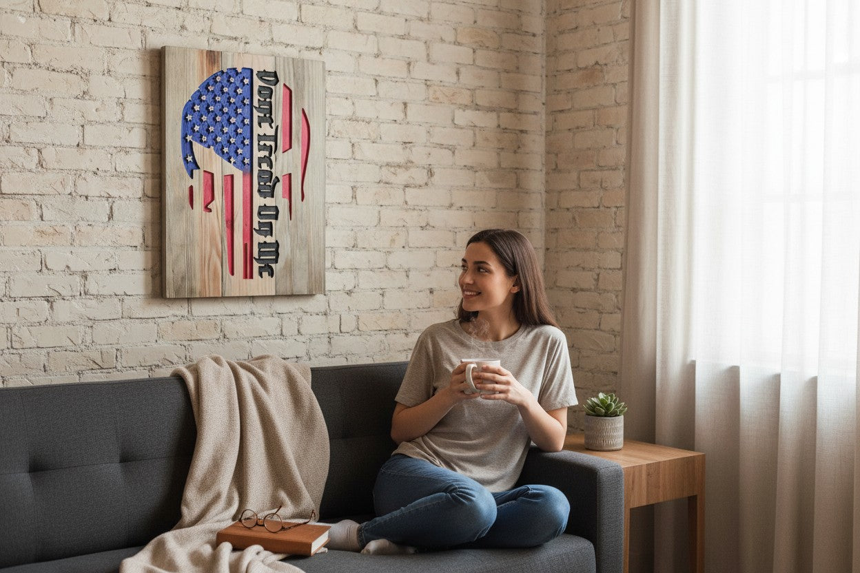 TK Wood Designs wooden sign featuring a distressed American flag design with a Punisher skull motif and the text "Don't Tread On Me".