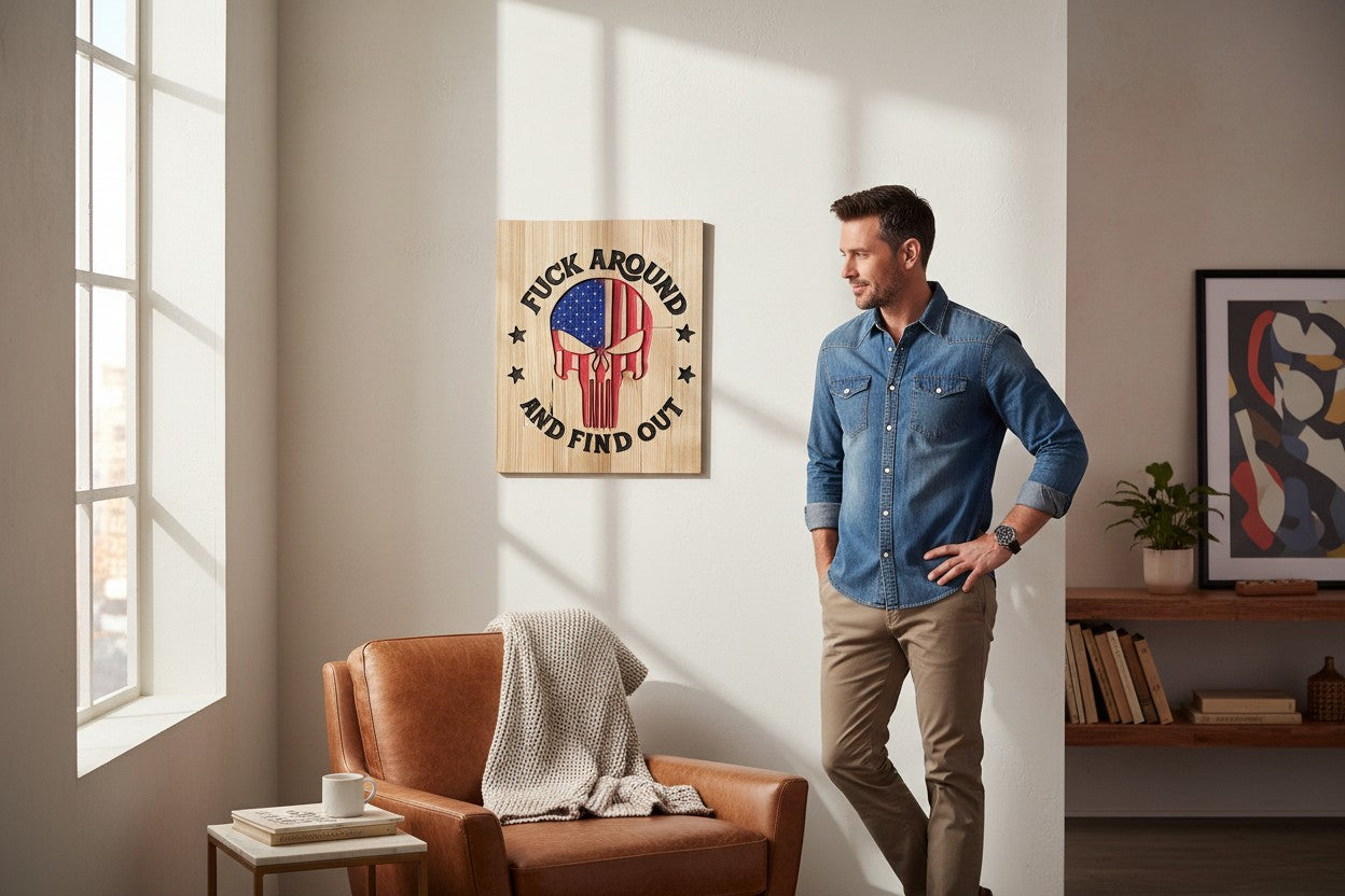 TK Wood Designs wooden sign with Punisher skull American flag design and text "FUCK AROUND AND FIND OUT".