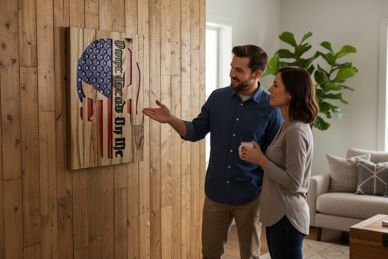 TK Wood Designs wooden sign featuring a distressed American flag with a Punisher skull and "Don't Tread On Me" text.