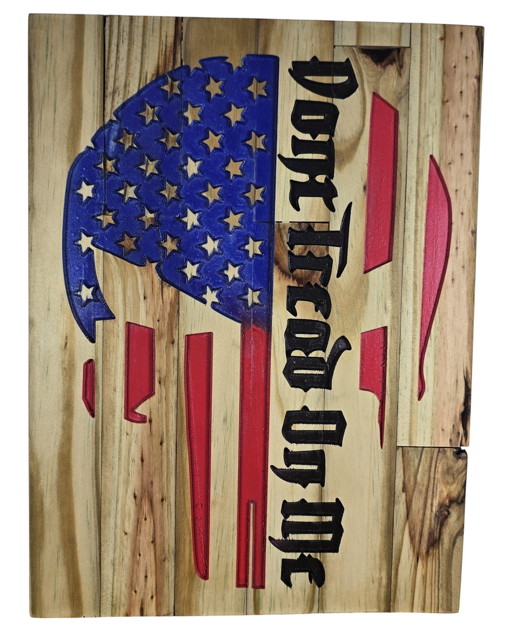 TK Wood Designs wooden sign featuring a distressed American flag with the Punisher skull emblem and "Don't Tread On Me" text.