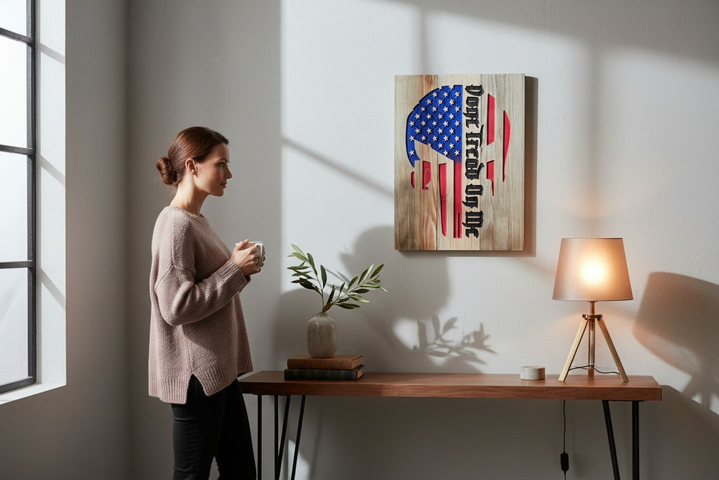 TK Wood Designs wooden sign featuring a distressed American flag with a Punisher skull motif and the text "Don't Tread On Me."