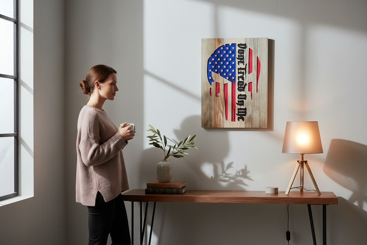 TK Wood Designs wooden sign featuring a distressed American flag with a Punisher skull motif and the text "Don't Tread On Me."