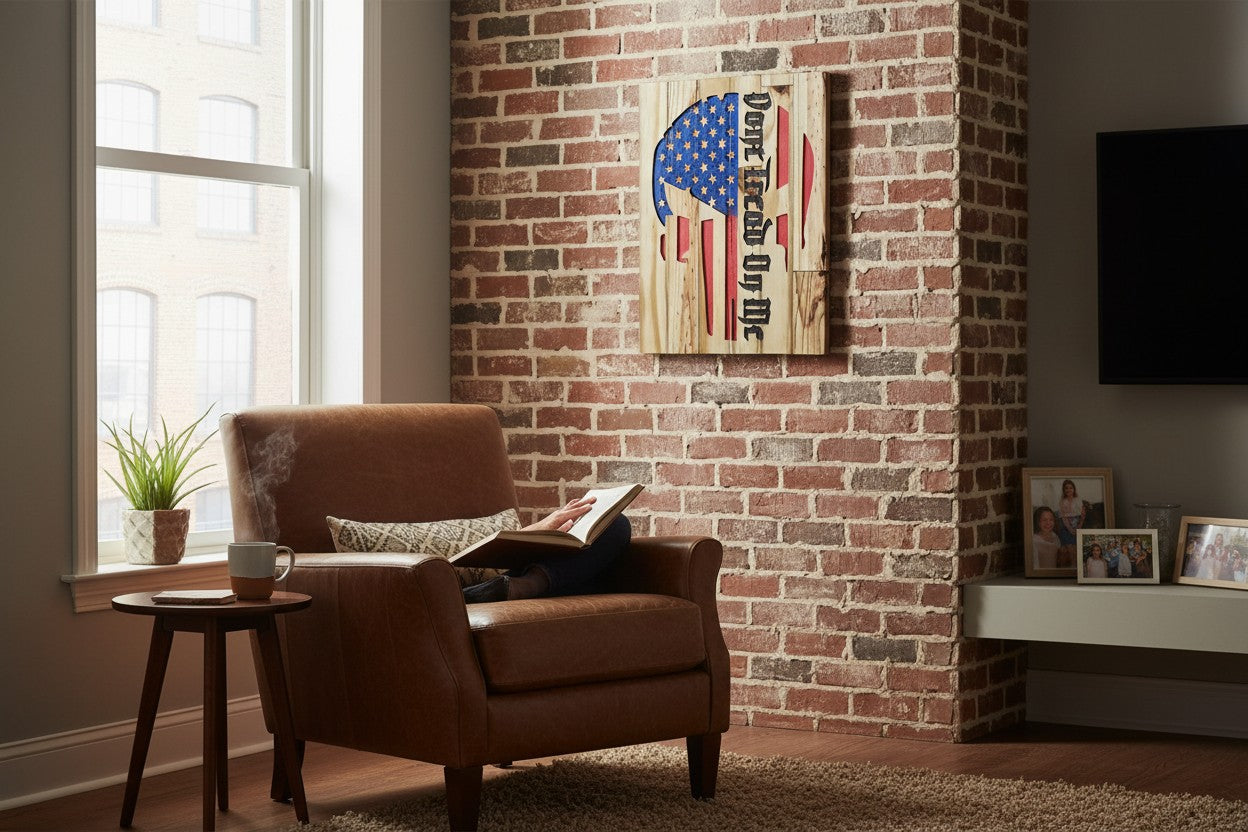 TK Wood Designs wooden sign featuring a Punisher skull American flag design with "Don't Tread On Me" text. 13" H x 10" W.