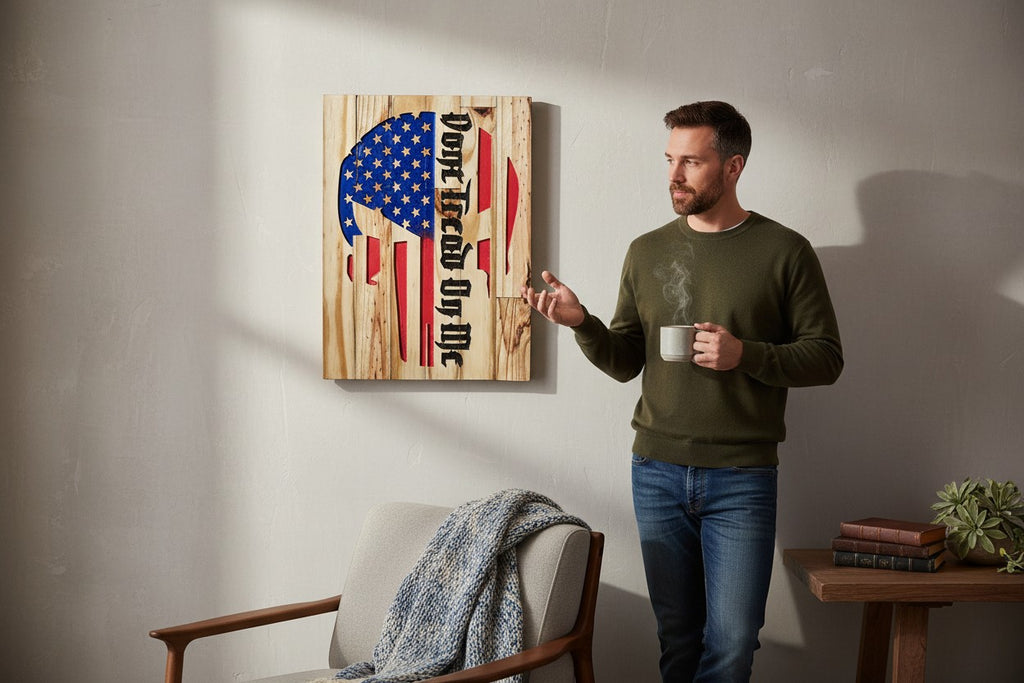 TK Wood Designs wooden sign featuring a Punisher skull American flag design with "Don't Tread On Me" text. 13" H x 10" W.