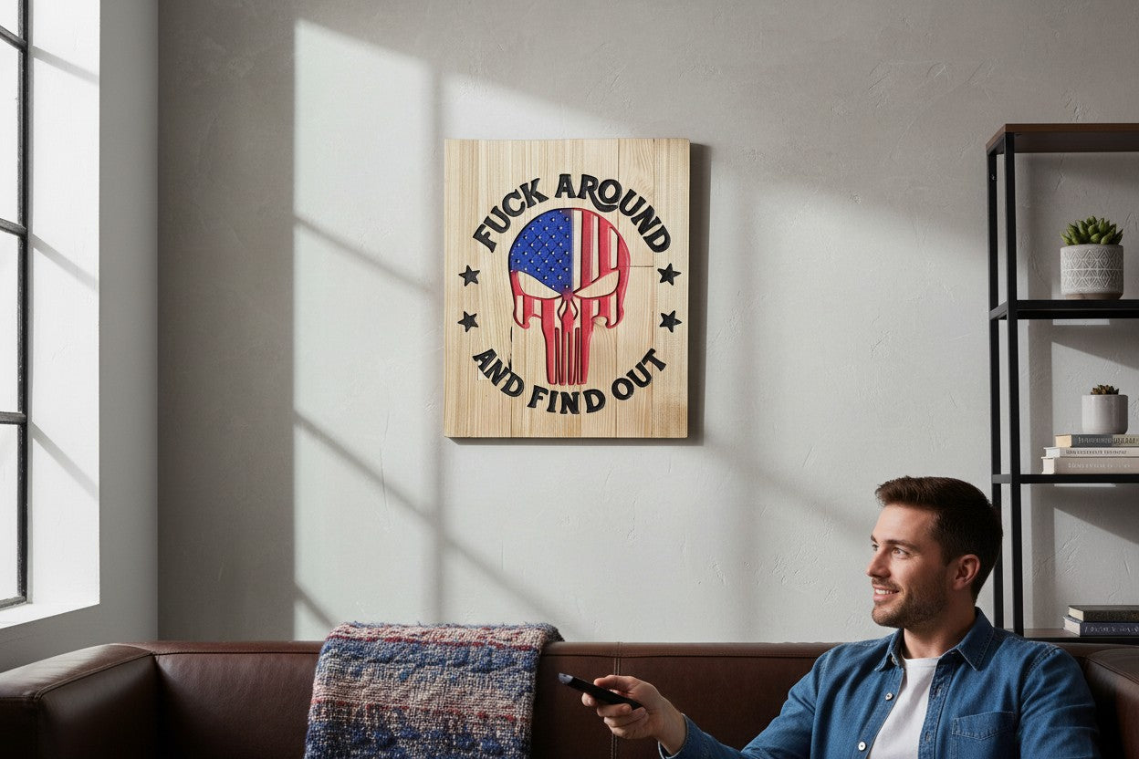 TK Wood Designs wooden sign with American flag Punisher skull and "FUCK AROUND AND FIND OUT" text.