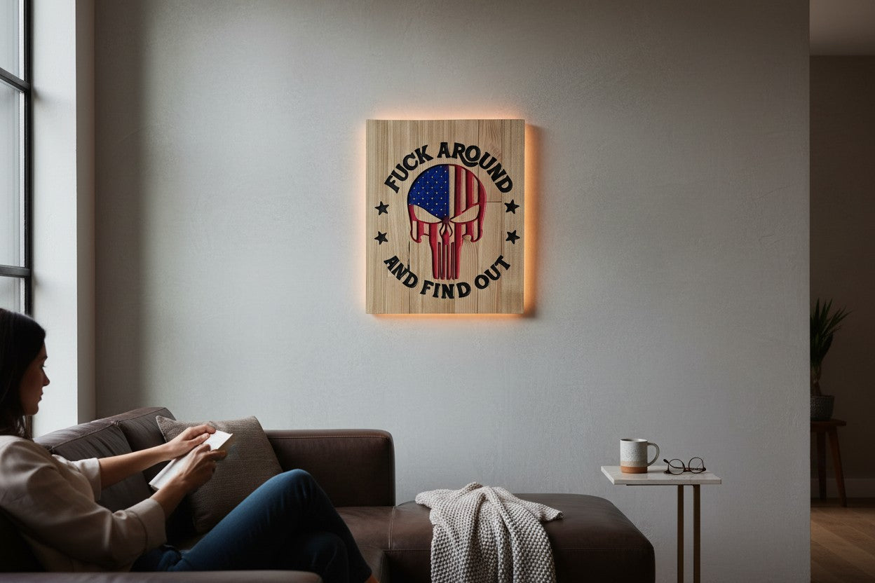 TK Wood Designs wooden sign with American flag Punisher skull and "FUCK AROUND AND FIND OUT" text.
