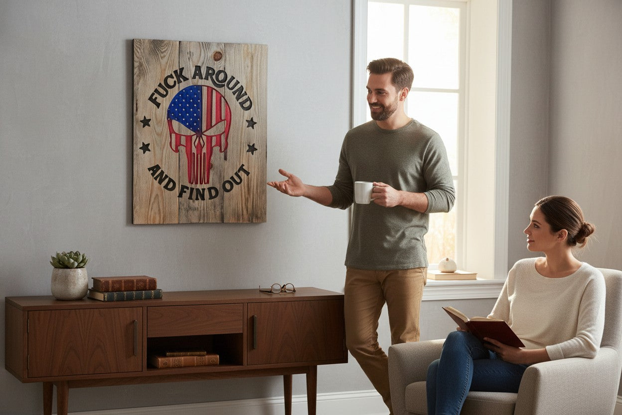 TK Wood Designs wooden sign with American flag skull and text "FUCK AROUND AND FIND OUT".